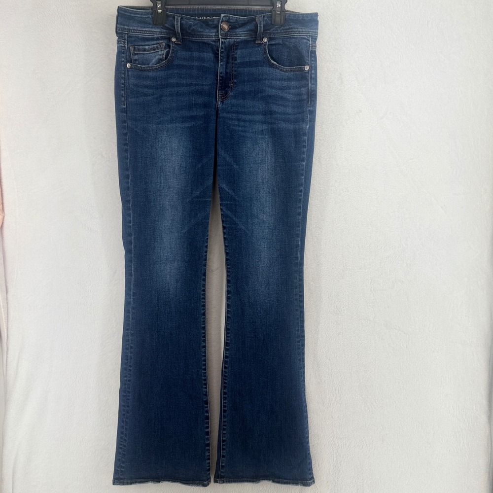 American Eagle Flare Jeans Womens 14 X-Long Super Stretch Dark Wash Distressed